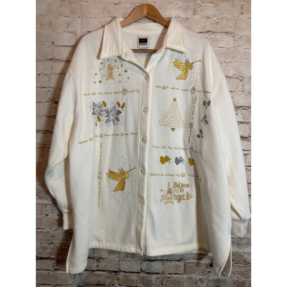 Vintage C.S.T. Sport Jacket Womens 4X Cream & Gold Angels Embroidered Button Up‎